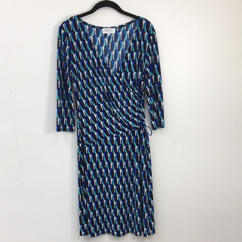 Kasper Blue Teal White Black Abstract Shape Pattern Dress Size 10 EXCELLENT